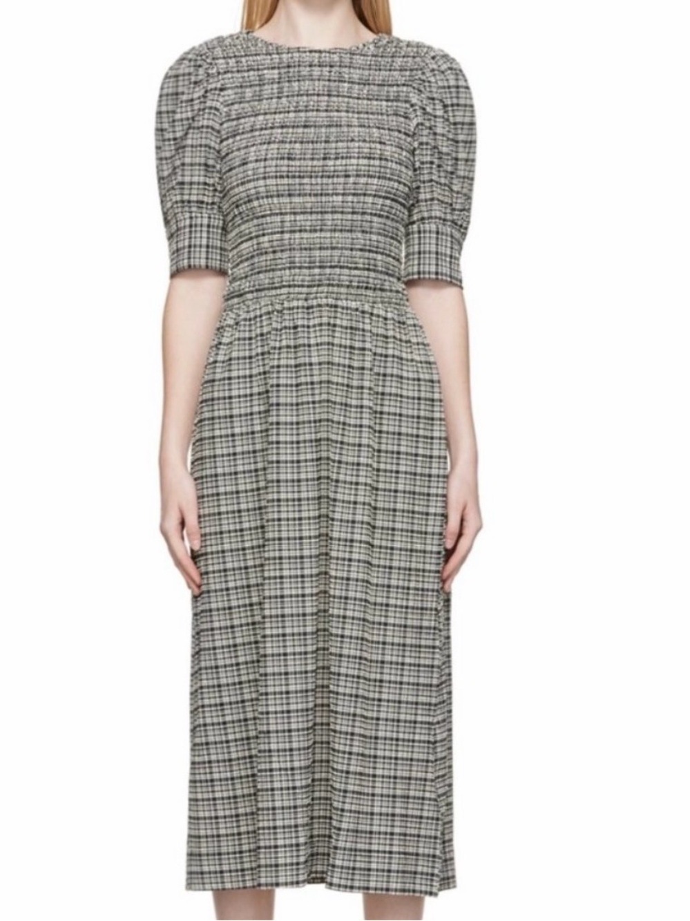 Ganni Checked Midi Dress with Puff Sleeves - Black & White